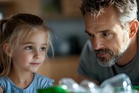 Father and daughter bonding over science experiment at home. Educational family activity with glassware and learning materials for homeschooling projects.