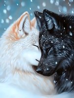 White and black wolves nuzzling in gentle embrace amid falling snow, creating romantic wildlife scene with contrasting fur colors against winter backdrop.