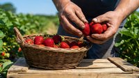 Farmer hands holding fresh ripe strawberries over wicker basket in sunny field. Organic fruit harvest, agriculture and healthy food concept.