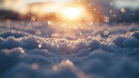 Magical winter sunset with golden light illuminating fresh snow surface and falling snowflakes creating dreamy bokeh effect.