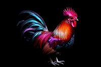 Vibrant rooster with colorful feathers in blue, pink and orange plumage against black background, dramatic lighting highlights majestic farm bird profile.