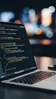 Laptop displaying colorful code on screen with blurred city lights background. Programming development workspace for software engineering and web development projects.