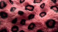 Pink fluffy fur texture with black leopard spots pattern, soft furry animal print background with dark circular markings creates luxurious textile effect.