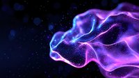 Glowing abstract cosmic wave with particles in space, featuring vibrant purple and blue neon colors against dark background. Magical energy flow visualization.