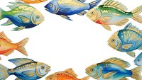 Colorful tropical fish frame border on white background with copy space for text. Marine life aquarium species in watercolor style for greeting cards.