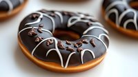 Chocolate glazed donut decorated with white icing drizzle and chocolate sprinkles on light background, close-up view of fresh baked pastry dessert.