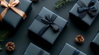 Elegant black gift boxes with satin ribbons and pine cones on dark background. Luxurious holiday presents arranged in modern minimalist style for Christmas season.
