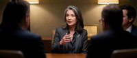 Professional businesswoman in gray suit speaking confidently during corporate meeting with colleagues in modern office conference room setting.