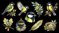 Watercolor great tit birds and botanical elements isolated on transparent background. Ready for t-shirt design, clipart, stickers, sublimation and print-on-demand projects.