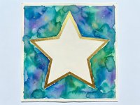 White star with golden outline on vibrant blue-green watercolor background. Artistic design for greeting cards, invitations, and creative projects.