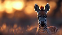 Young zebra foal portrait with warm golden sunset lighting in African savanna wildlife photography for nature and animal themed projects.