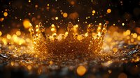 Golden crown splashing in water with magical bokeh lights and glowing particles creating dramatic royal atmosphere against dark background.