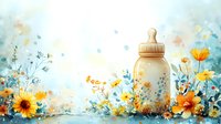 Baby milk bottle surrounded by vibrant wildflowers and sunflowers in soft pastel colors against dreamy bokeh background, creating gentle nursery mood.