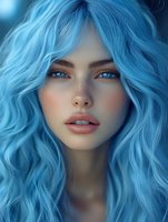 Young woman with vibrant blue wavy hair and striking blue eyes against dark background, natural makeup and soft lighting creates ethereal beauty portrait.