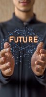 Young Asian man holding glowing futuristic network with neon future text between hands, representing digital transformation and technological advancement.