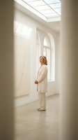 Professional woman in white coat standing in modern minimalist gallery space with natural skylight illumination for healthcare and wellness concepts.