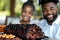 Grilled barbecue ribs with charred crust and tender meat on serving platter, African American couple enjoying outdoor summer meal with genuine smiles.