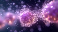 Magical glowing purple sphere made of sparkling particles floating in dark space with bokeh lights and cosmic dust, suitable for fantasy backgrounds.