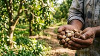 Farmer holding freshly harvested macadamia nuts in hands at orchard during daytime, showing agricultural produce and sustainable farming practices.