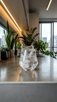 Water splashing in glass on modern kitchen counter with plants and warm lighting creating dynamic motion effect for beverage photography.