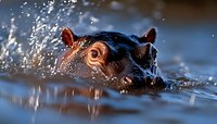 Close up view of hippopotamus head emerging from water with splashing droplets against blurred blue background, dramatic wildlife photography in natural habitat.