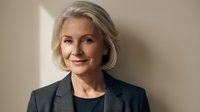 Professional mature Caucasian businesswoman with silver hair in dark blazer smiling confidently against neutral background for corporate marketing materials.