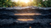 Dramatic close-up of dark soil surface with glowing golden light breaking through cracks, creating mystical atmosphere against blurred bokeh background at sunset.