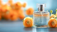 Luxury perfume bottle with orange ranunculus flowers on blue background for beauty and fragrance advertising campaigns.