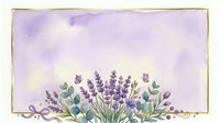 Lavender flowers with green foliage arranged in a decorative bunch against a soft purple and cream watercolor background with gold frame border, suitable for greeting cards and stationery design.