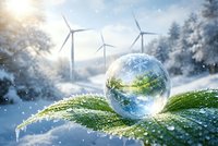 Crystal sphere reflecting Earth on green leaf with wind turbines in snowy landscape symbolizing renewable energy and environmental conservation.