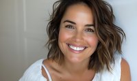 Woman with wavy brown bob haircut smiling confidently against neutral background, showcasing natural beauty and positive energy.
