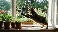 Tabby cat stretching on windowsill with potted plants and garden view, playful pet behavior indoors.