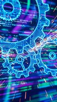 Neon glowing gears and circuit board patterns with digital code and light streaks in vibrant cyan, magenta, and green colors. Use for technology, innovation, and digital transformation concepts.