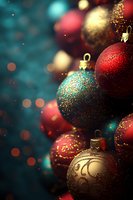Festive Christmas ornaments in red, gold and turquoise with glitter details against dark background with bokeh lights creating magical holiday atmosphere.