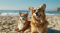 Two happy corgi dogs wearing sunglasses relaxing on sandy beach with ocean waves and cliffs in background, enjoying sunny summer day outdoors.