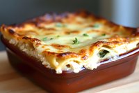 Homemade lasagna with melted cheese and bechamel sauce in red ceramic baking dish, close-up view showing layers of pasta, ricotta filling and golden brown top.