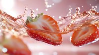 Fresh strawberry slices splashing through crystal clear water with dynamic droplets and ripples against soft pink background, creating refreshing motion effect.
