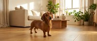 Adorable brown dachshund dog standing on wooden floor in bright modern living room with plants and furniture. Pet-friendly home interior design concept.
