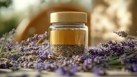 Glass jar filled with golden honey and dried lavender flowers on wooden surface surrounded by fresh purple lavender blooms in soft natural lighting.
