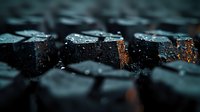 Macro shot of wet computer keyboard keys in dark moody lighting with water droplets and dramatic shadows creating atmospheric technology background.