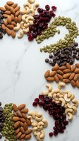 Assorted nuts and dried fruits arranged on white marble surface including almonds cashews pumpkin seeds cranberries and chocolate chips for healthy snacking.
