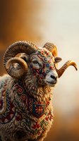 Ornate ram with colorful traditional patterns and curved horns on warm gradient background for cultural and artistic design projects.