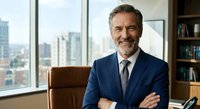 Confident mature businessman with crossed arms smiling in modern office with city skyline view. Professional executive portrait for corporate success.