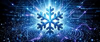 Blue snowflake symbol glowing with bright light rays on dark digital technology background with circuit patterns and sparkles for winter designs.