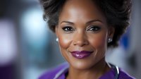 African American businesswoman with confident smile wearing purple lipstick and professional attire against blurred office background, portraying leadership and success.