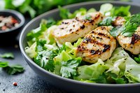 Grilled scallops served on fresh green salad with herbs and spices in dark plate. Closeup of seafood appetizer with lettuce, parsley and black pepper.