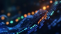 Digital wave of glowing data streams with orange and blue light effects on dark background, representing technology and information flow in cyberspace.