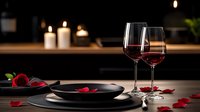 Romantic dinner setting with red wine glasses, black plates, scattered rose petals and glowing candles creating intimate atmosphere on wooden table for Valentine's Day celebration.