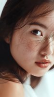 Close-up portrait of Asian woman with freckles and dark hair against soft light background, showcasing natural beauty and delicate features.
