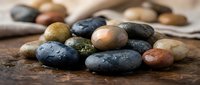 Smooth polished river stones in natural earth tones scattered on rustic wooden surface for spa wellness meditation zen garden decoration projects.